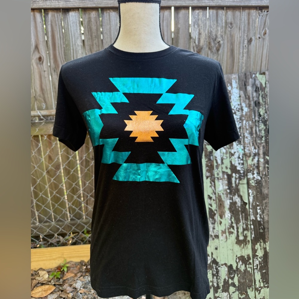 Texas True Threads Aztec Black and Metallic Teal Graphic T-Shirt